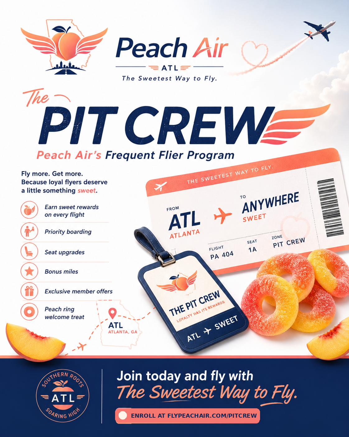 Mock Peach Air advertisement for The Pit Crew frequent flier program.